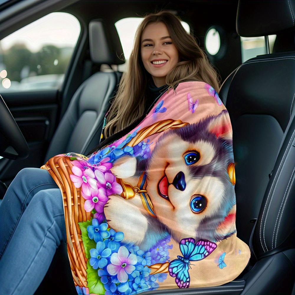 Cute Unicorn Husky Puppy in Flower Basket Blanket Soft Flannel Throw Home Decor Art Print Pet Lover Gift Kids Room Decor