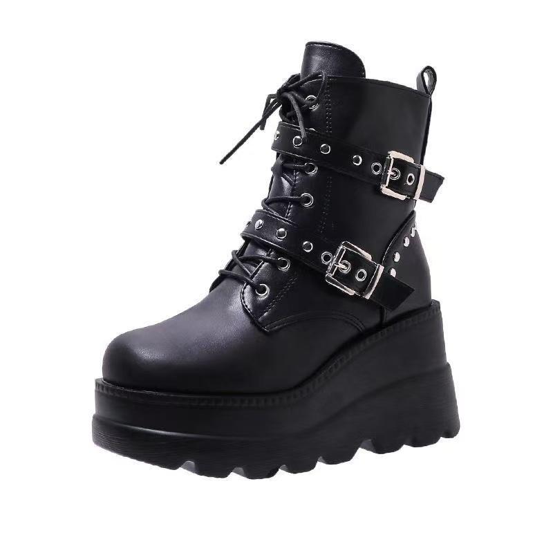 Women's Shoes  Spring and Autumn New Fashion Belt Buckle Short Boots, Height Increasing Thick Sole Side Zipper Women's Boots