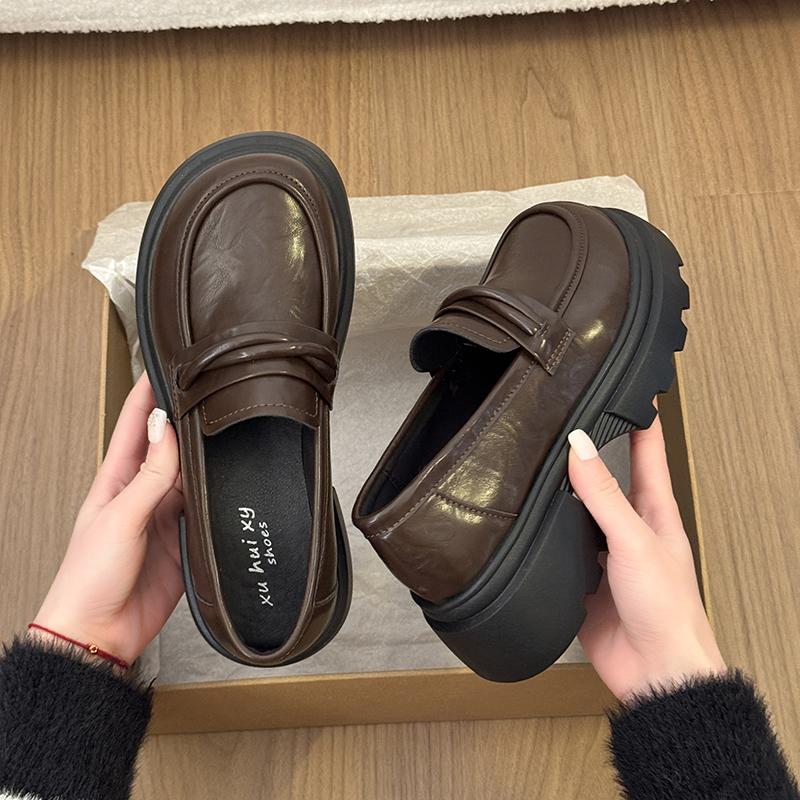 Designer Spring British Style Women Chunky Loafers Shoes Concise Shallow Slip On Shoes Elegant Thick Heel Leather Shoes