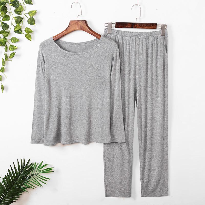 Men's Modal Pajamas Set: Thin, Long Sleeve & Pants, Crew Neck, Casual, Plus Size, for Spring, Summer & Autumn.