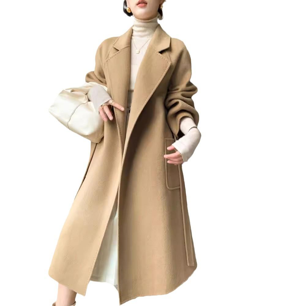 Damenwollmantel doppelseitig mit Bindegürtel: Herbst/Winter, 100% Wolle, Überknielang, Lockere Passform