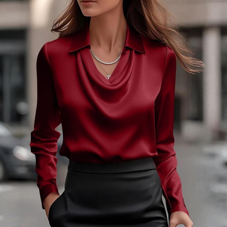 Elegant Women Fashionable Solid Color Casual Long Sleeve V Neck Pullover Top Shirt