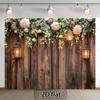 2D Romantic Wood Flower Backdrop, Vintage Plank Wall with Pink Blooms for Engagement Party
