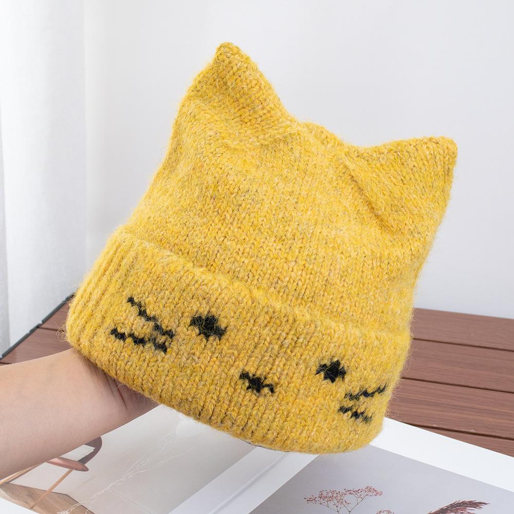 Cute Cat Ear Knitted Hat Women's Autumn and Winter Velvet Feels Warm, Ear Protection Shows the Face, Small Wool Hat Is Versatile and Warm