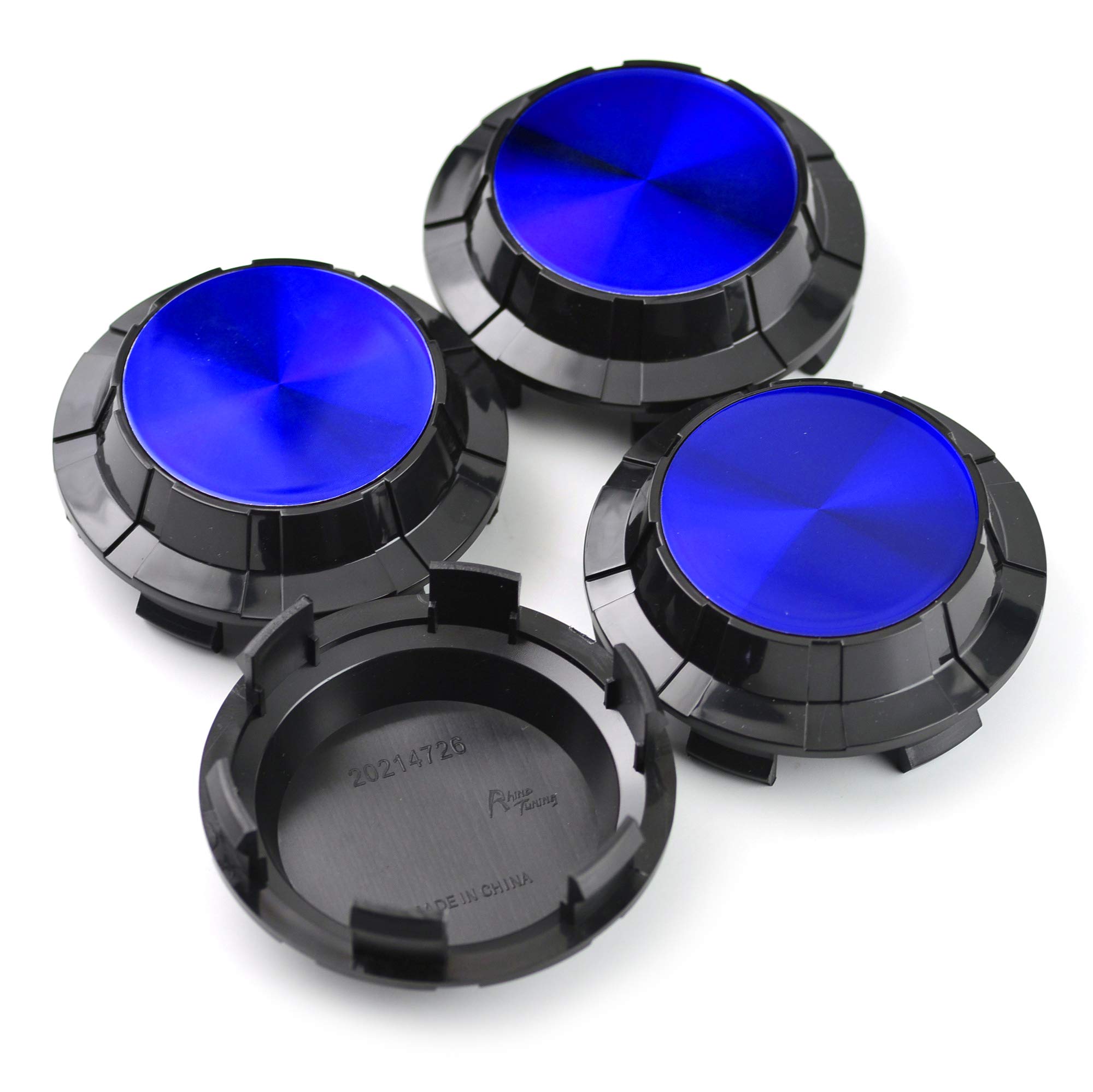 

4 Pieces 83mm Outer Diameter, 76mm Inner Diameter Black ABS Wheel Center Covers with Blue Laser Textured Aluminum Labels