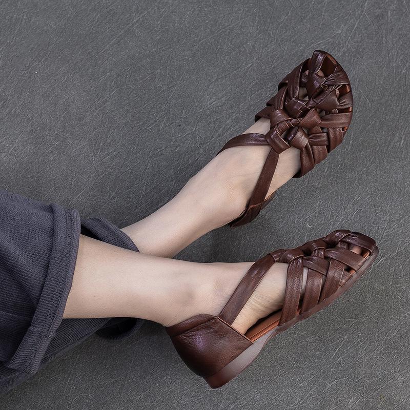 2026 Summer New Woven Mules Women Genuine Leather Low Block Heel Roman Style Sandals With Hook And Loop Closure