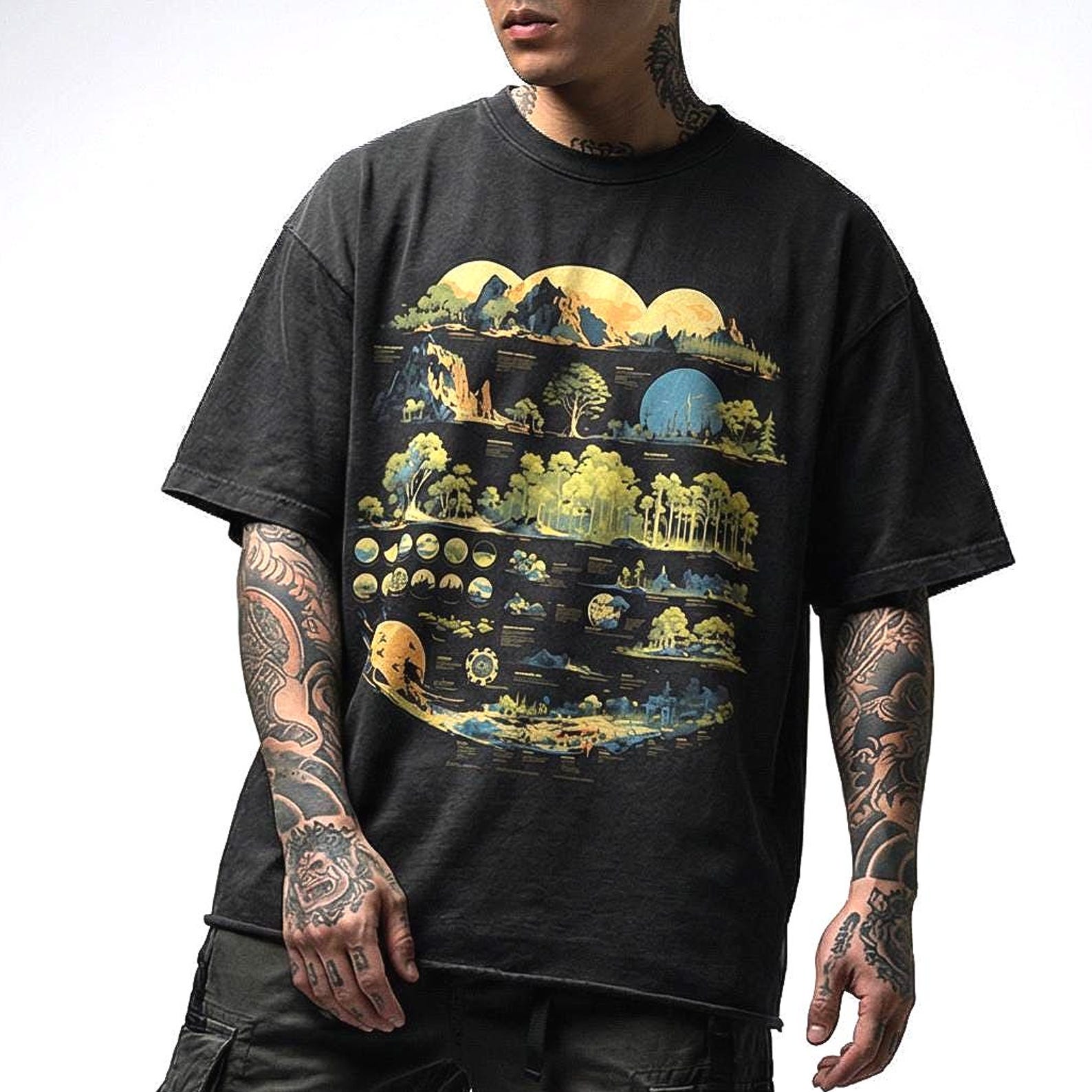 Nature Biomes Oversized French Terry T-Shirt | Premium Earth Theme Raw Hem Cotton Tee | Nature Trees Plants Biology Tee M