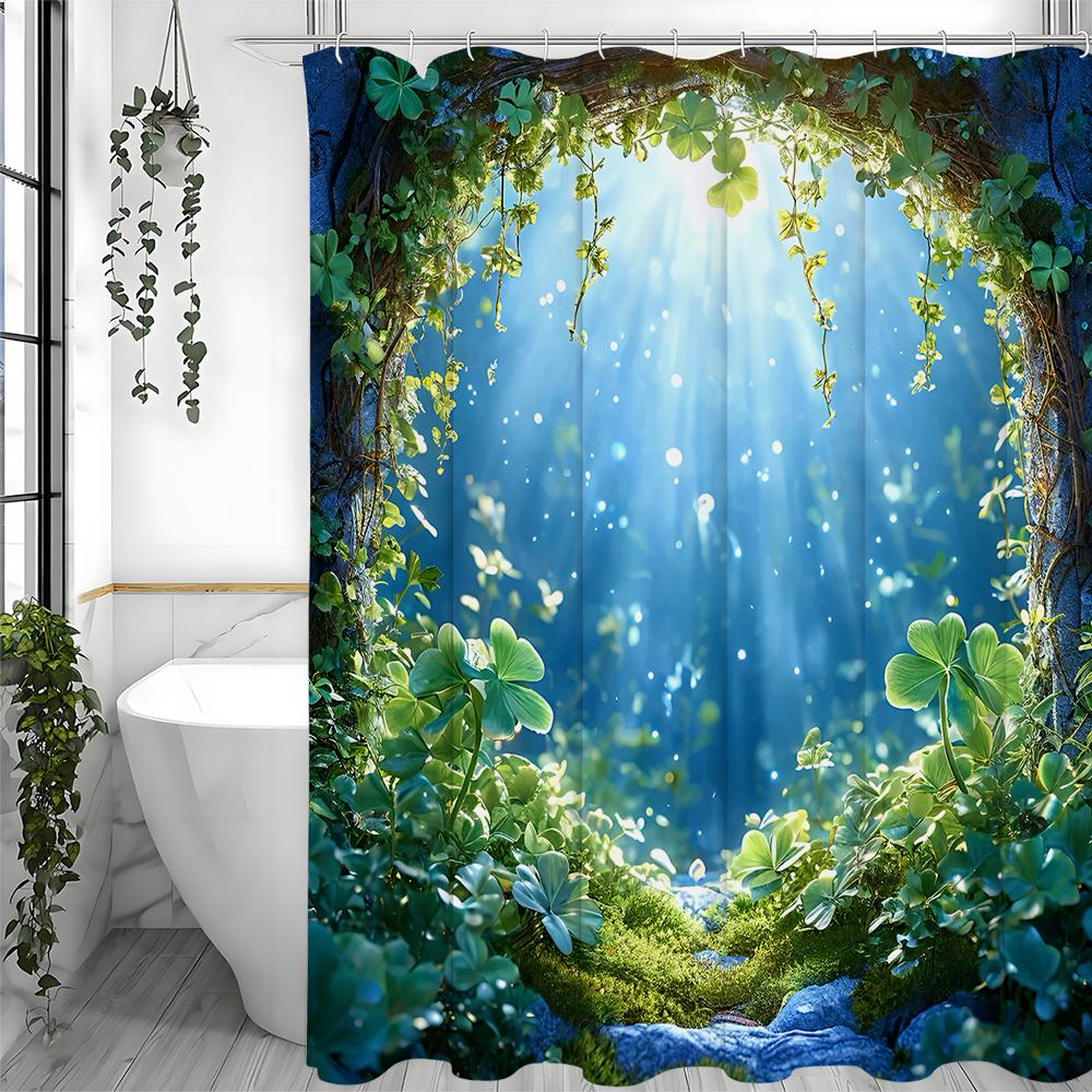 Forest Cave Clover Sunshine Shower Curtain, Bathroom Decorative Shower Curtain, Waterproof Shower Curtain with Hooks