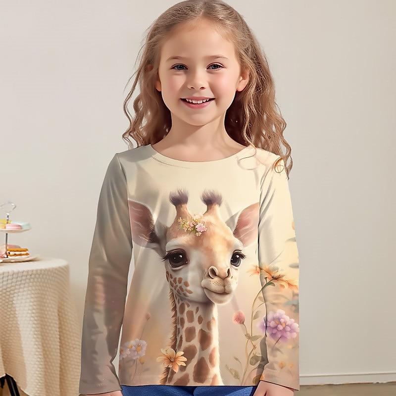 Spring and Autumn Round Neck Animal Giraffe Fawn Pattern 3D Printed Top Fashionable Casual Long Sleeved Children's Girl T-shirts