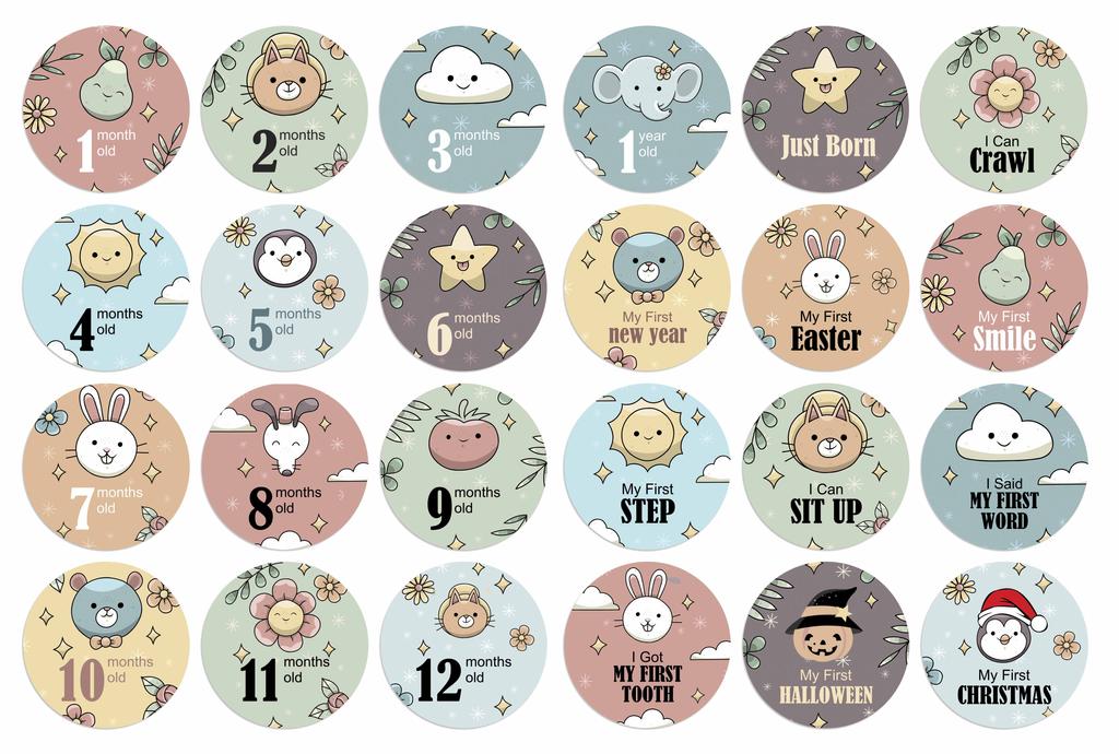Inkdotpot 12 Month Baby  Milestone  Sticker  Boy Girl-Monthly  Milestone  Round  Stickers 24 Count