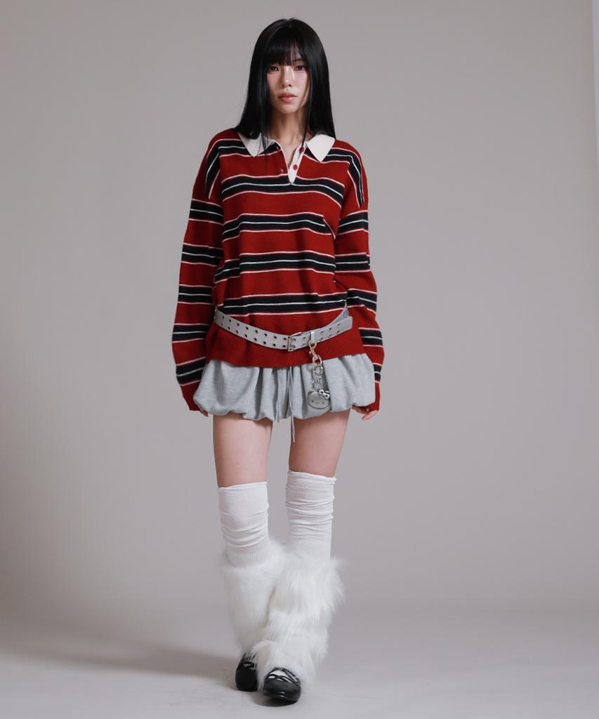 LIKE THE MOST Oversized Multi-Stripe Rugby Collar Knit_Wine