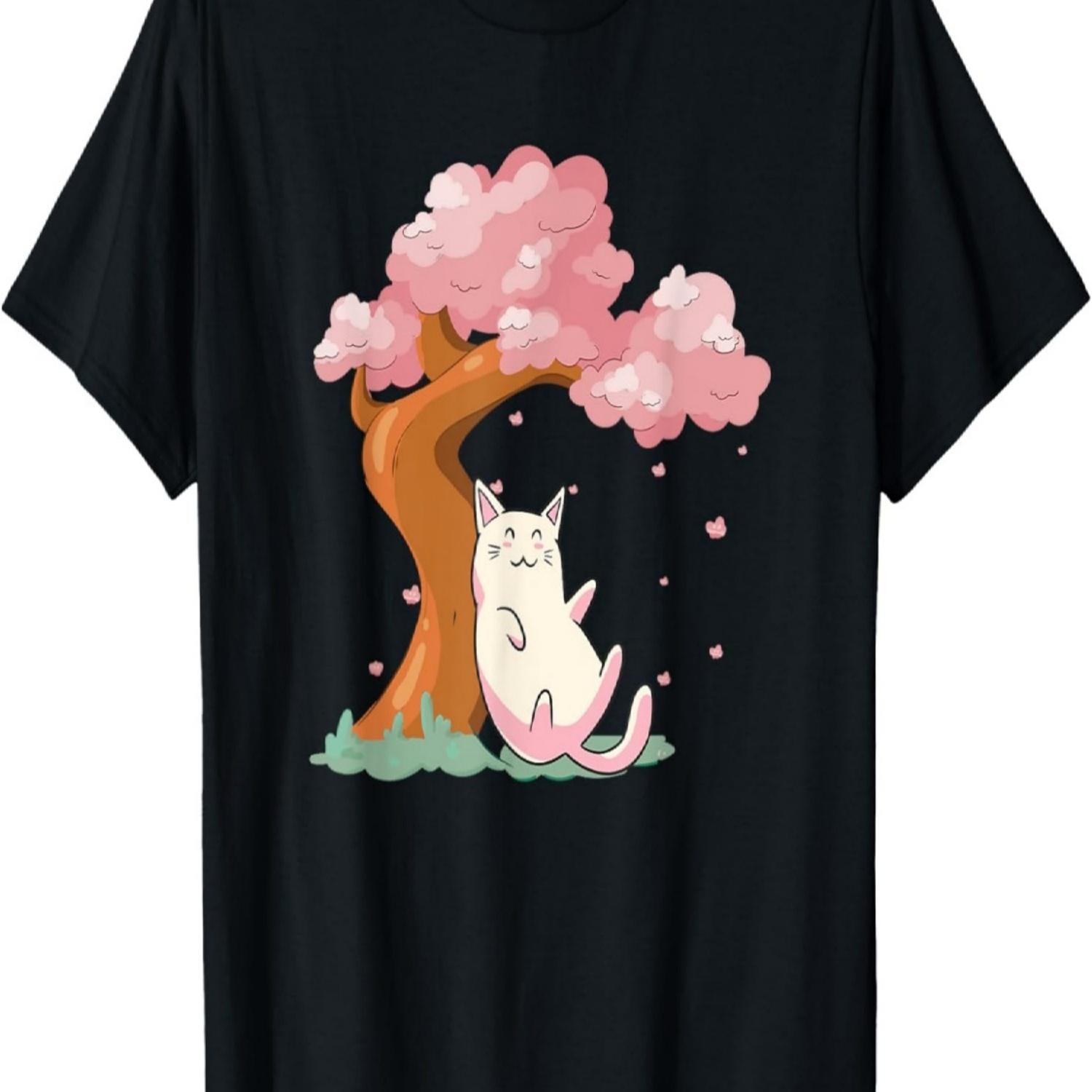 Cute kawaii cat and Sakura Cherry Blossom tree  T-Shirt S