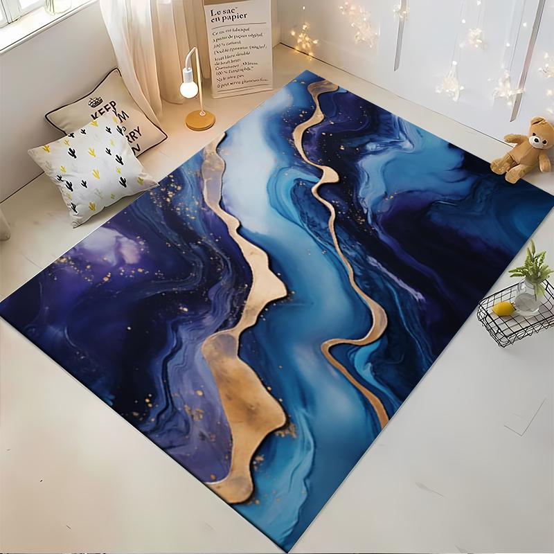 Abstract Blue and Gold Wave Pattern Carpet for Living Room Decor Suitable for Use As an Anti-slip for Living Room Bedroom Sofas