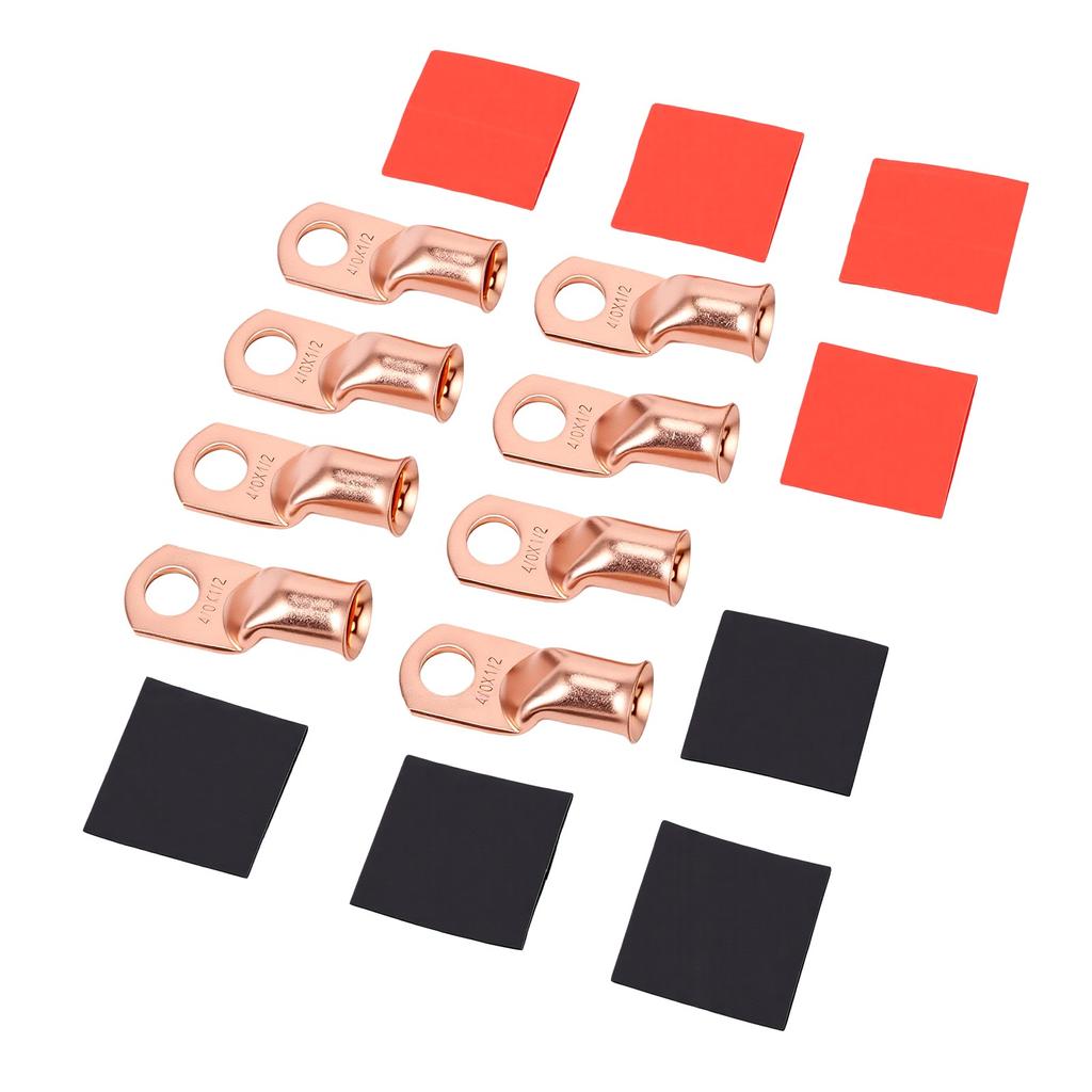 8 Pcs Battery Rings Terminal 1 2 Inch Stud Brass Lugs Red Black 2:1 Heat Shrink Tubing Connectors Gold for Marine Solar