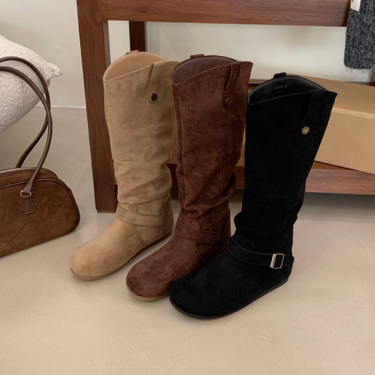 

2025 autumn and winter new round head tall tube thin but knee slope heel belt buckle knight stacking boots 39 кофейный