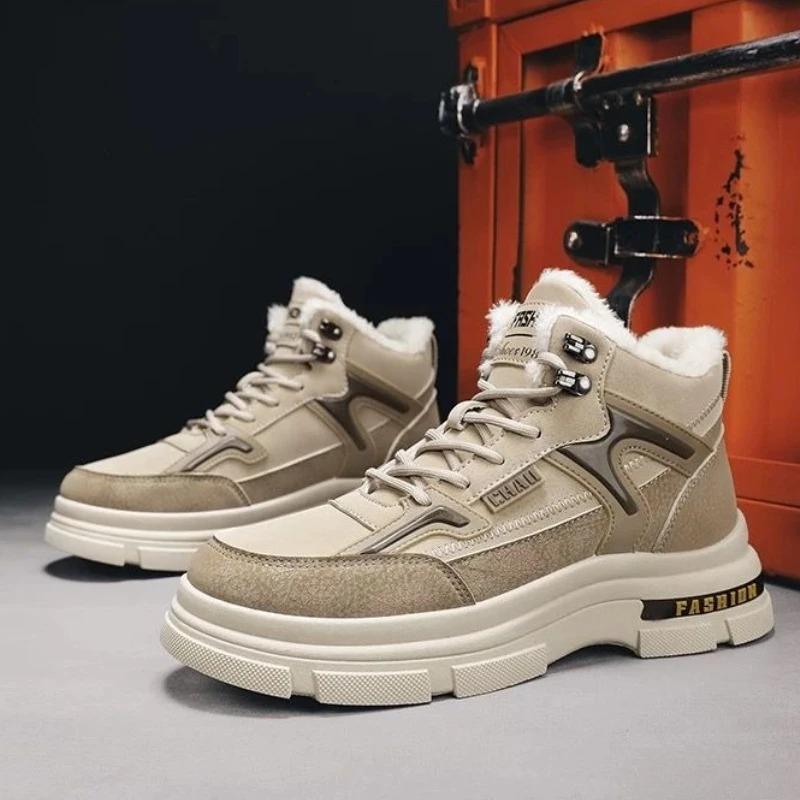 Herrkängor Vinter Tjock Plysch Varma Bomullskängor Moderiktiga Vardagliga Höga Kängor Varma Herr Sneakers Snörning Plattformskänga