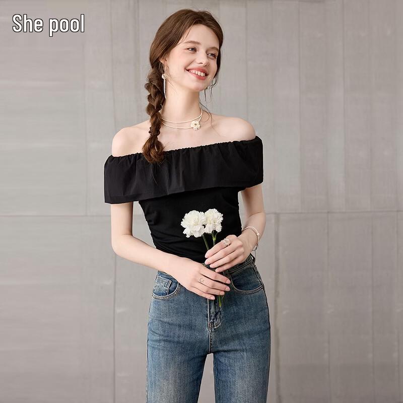 Ta Chi Women s Elegant Ruffle Off-Shoulder Slim Fit T-Shirt XL