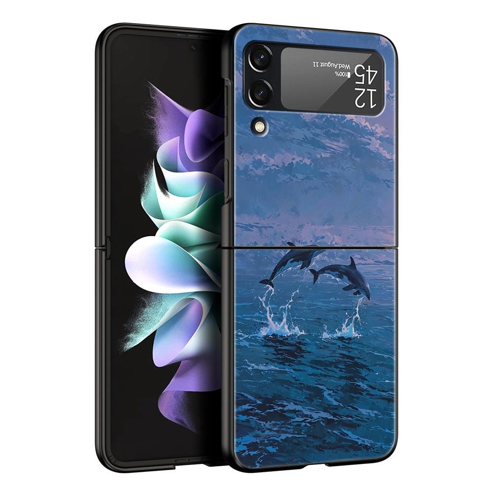 

Phone Case for Samsung Galaxy Z Flip 3 4 5 6 7 Folding Black Shell For Samsung Z Flip4 Flip5 PC Hard Cover Ocean Dolphin Galaxy Z Flip