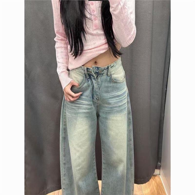 Jeans Larghi da Donna a Vita Alta Blu Chiaro Ricamati