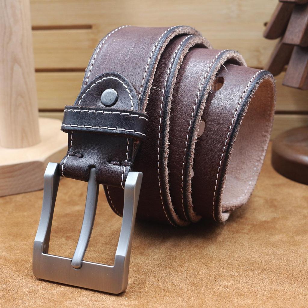 Herren Gürtel aus genähtem Rindsleder, Dornschließe, Echtes Leder, Lässiger Retro-Stil für Studenten, Erwachsene und Jeans