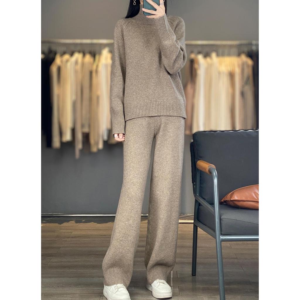 2025 Autumn/Winter High Neck Wool Knitwear & Wide Leg Pants Set