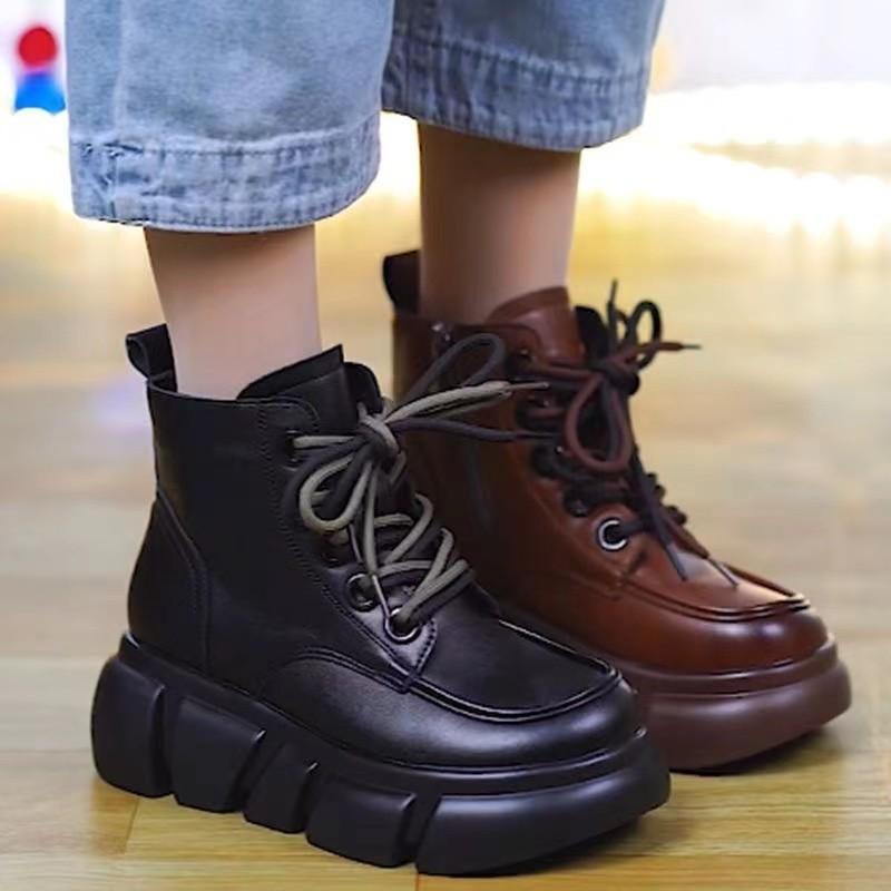 New autumn and winter fashion versatile platform short boots women's British style muffin bottom soft leather soft sole Martin boots