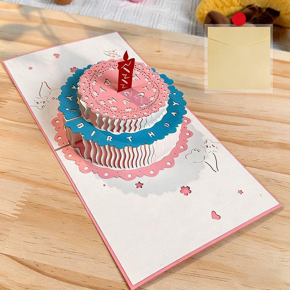 New 3D Pop-Up Happy Birthday Card 2-Layer Birthday Cake with Envelope Greeting Card Hollowed Out Flowers Foldable Gift Card