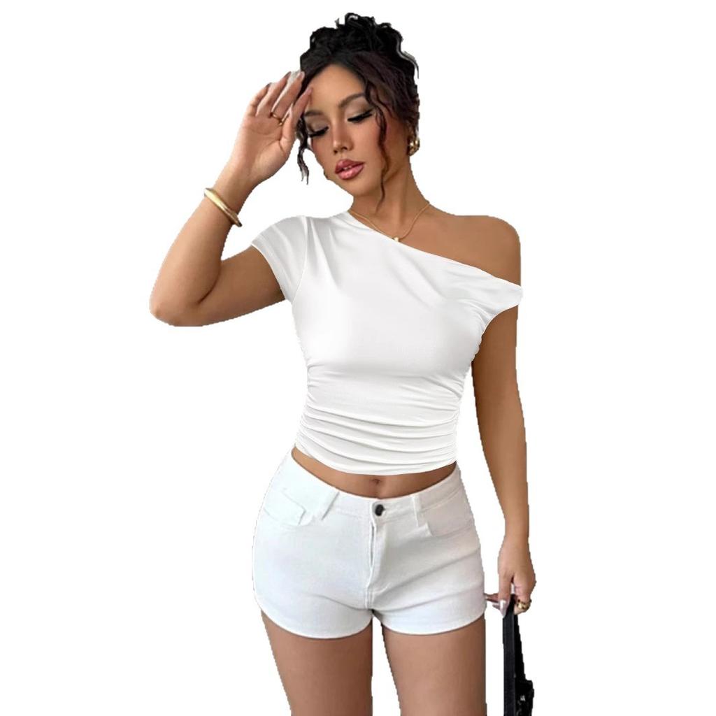 European and American Style Summer New Slanted Shoulder Collar Sexy Top Hot-selling Thin Pleated Exposed Navel Spice Girl Women's Clothing