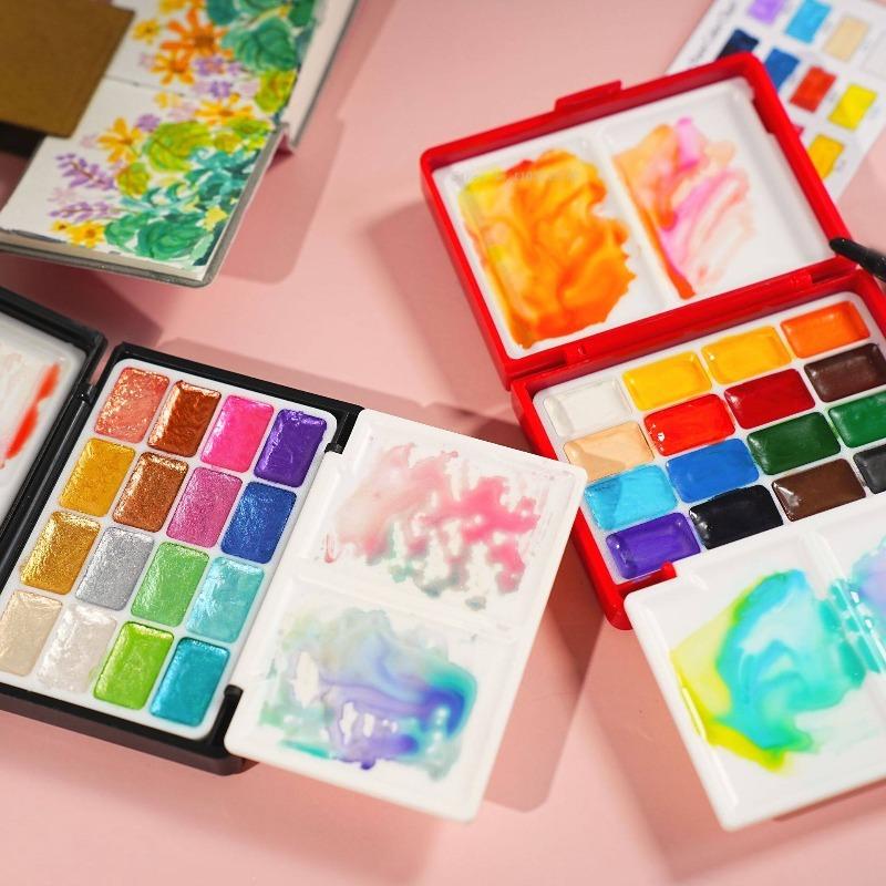 32 Colors Solid Pearlescent Mini Water Color Paint Set Portable Folding Box Outdoor Sketch Travel Graffiti Hand-painted Creation
