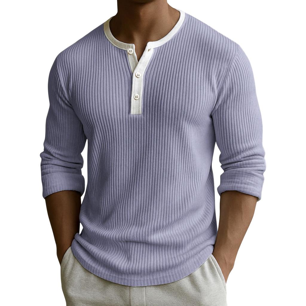 Men's Solid Color Ribbed Textured Button Down Round Neck Long Sleeved Top
