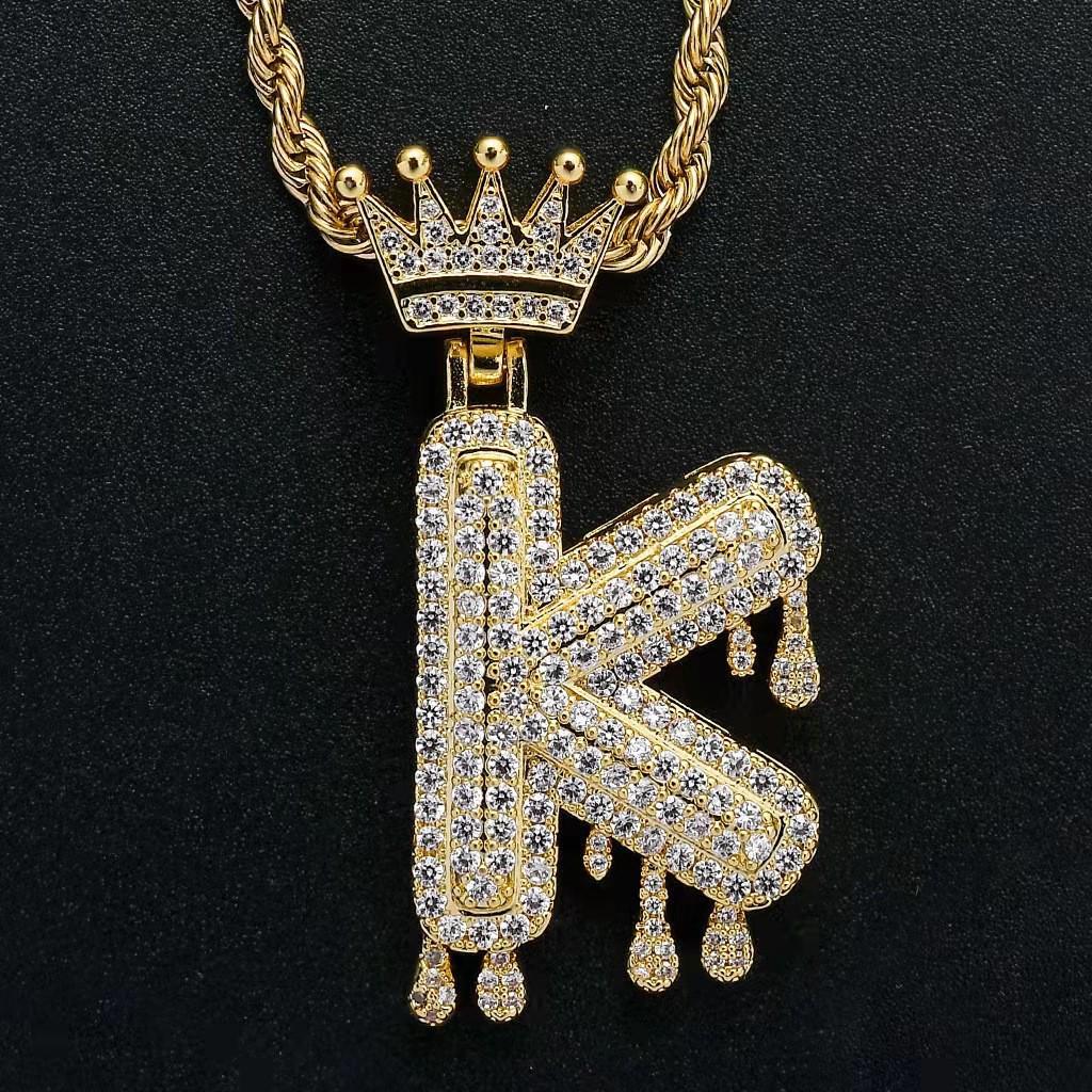 Stylish Hip Hop Zircon Crown Pendant Necklace with 26 English Letters for Women