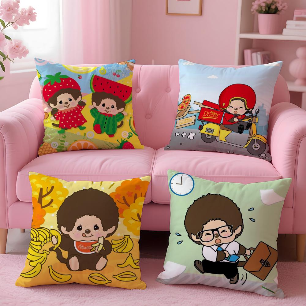 Cartoon M-Monchhichis Cushion Cover Plush Fabric Soft Double-Sided Printed Invisible Zipper Sofa Pillow Case Home Decor