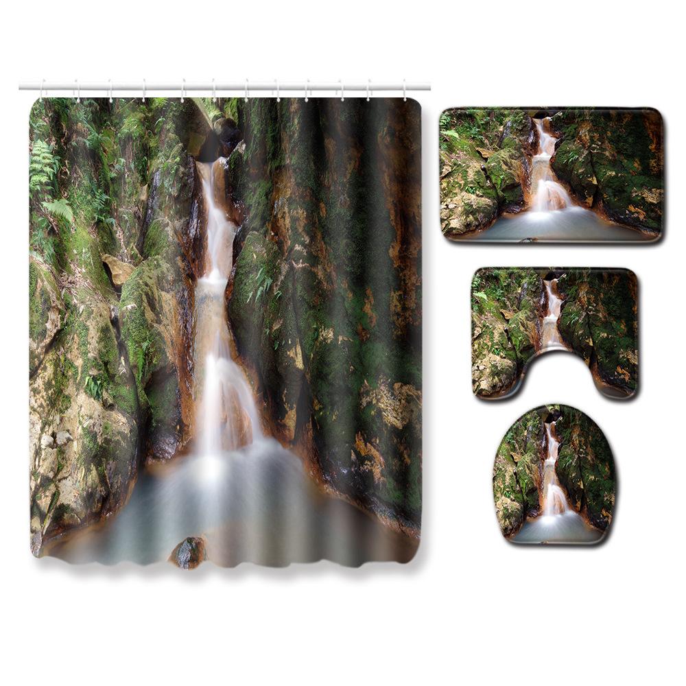 Landscape Shower Curtain Floor Mat Combination Four-Piece Set Bathroom Toilet Carpet Shower Room Mat Foot Mat
