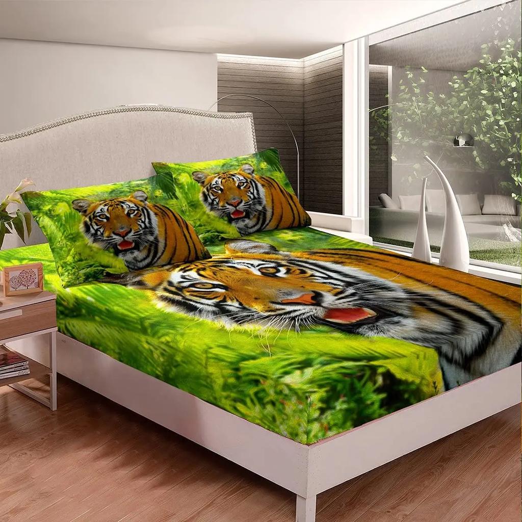 White Tiger Fitted Sheet Queen Size Flowers and Tiger Print Bedding Set for Teens Children Gift Wildlife Animal Floral Theme