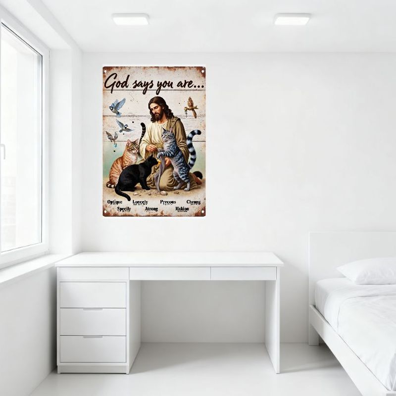 Vintage God Says You Are Metal Tin Sign - Weathered Wood Texture, Kneeling Man with Cats & Birds, Optique Lonely Precious Cheong