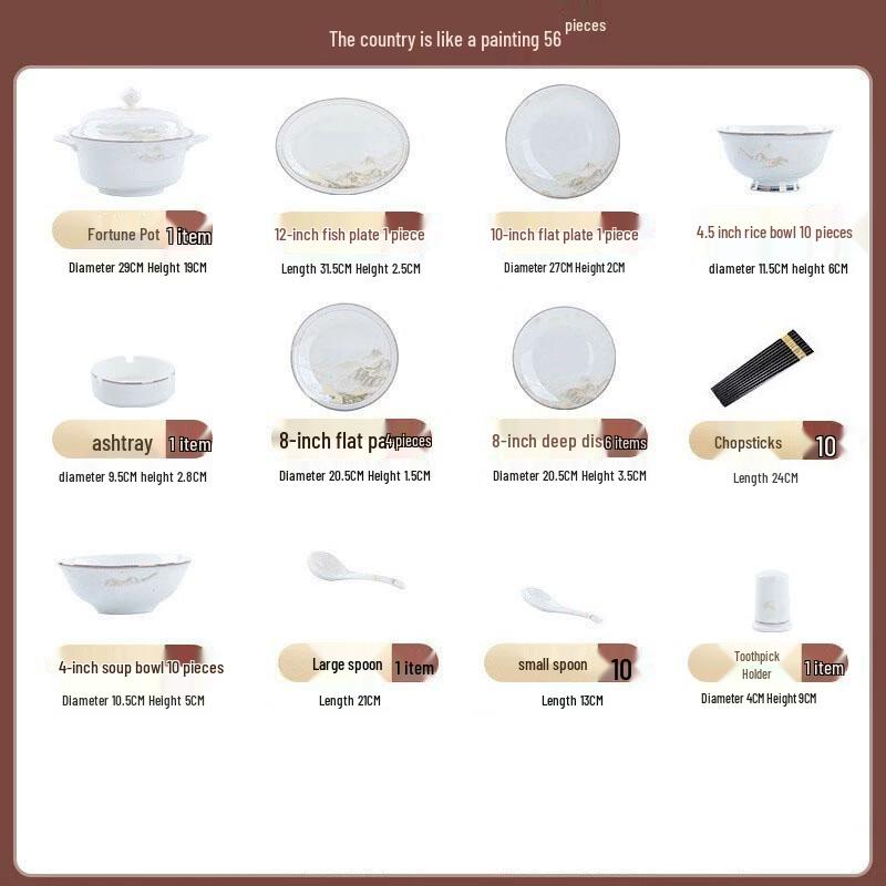 Jingdezhen 56-Piece Porcelain Dinnerware Set