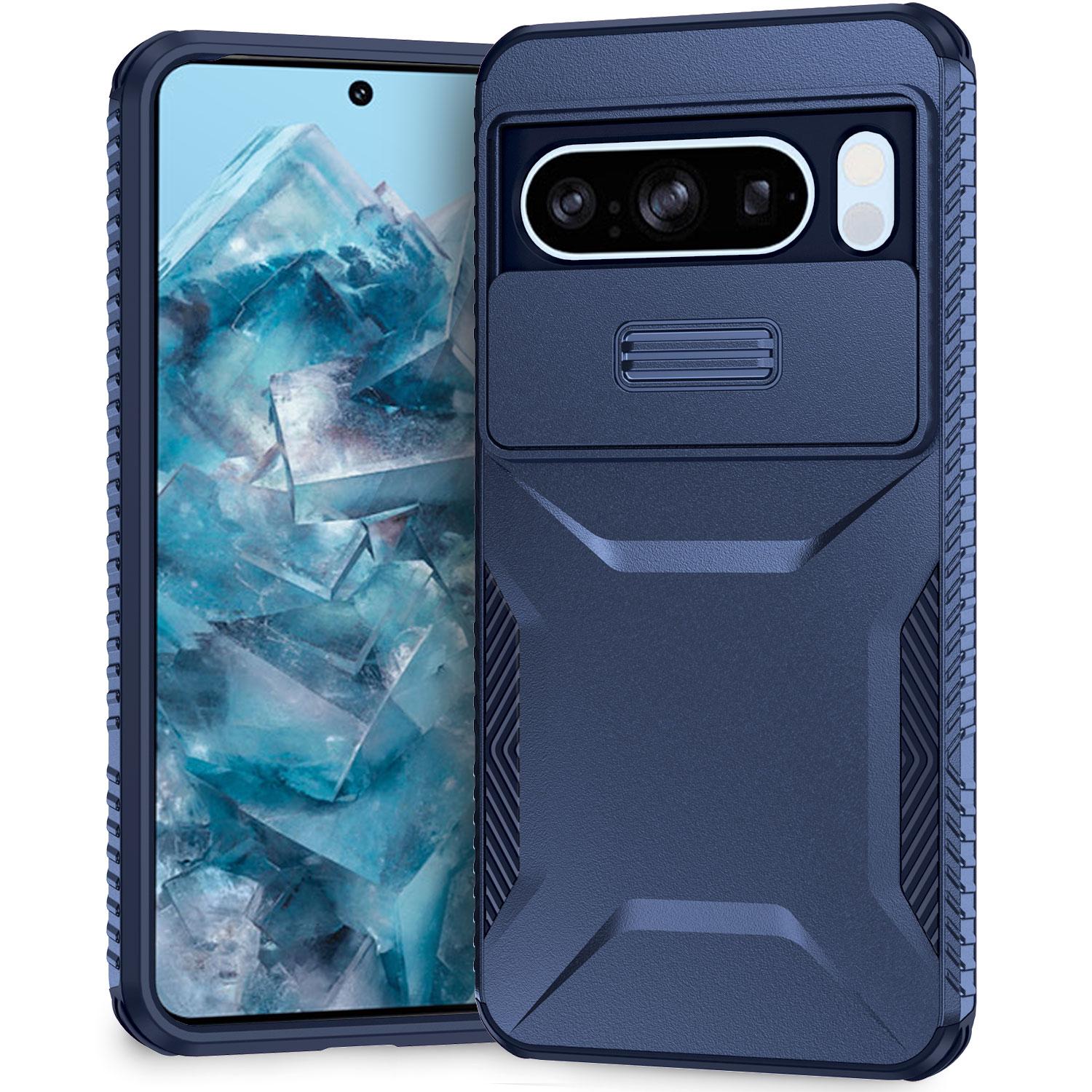 

For Google Pixel 8 Pro Phone Case TPU+PC Non-Slip Side Edge Phone Cover with Lens Lid Blue