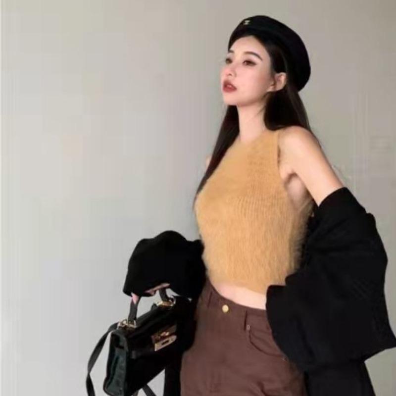 

Жилет-свитер без рукавов для женщин на осень и зиму с топом-камисолью и трикотажной основой, однотонный свитер-рубашка one size хаки