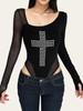 Chic Mesh Long Sleeve Bodysuit - Sexy American Style with Drilled Details for Women