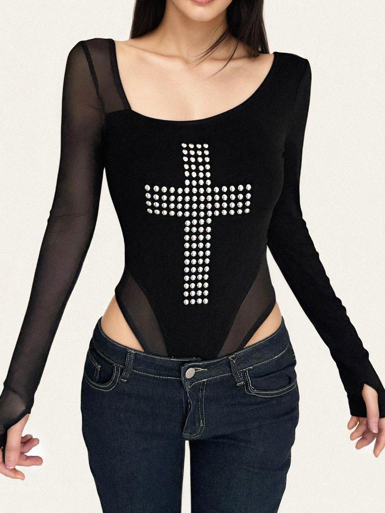 Chic Mesh Long Sleeve Bodysuit - Sexy American Style with Drilled Details for Women