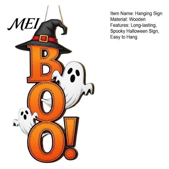 Decorative Hanging Sign Halloween Boo Ghost Sign, Wooden Door Hanger Cute Retro Decor Witch Hat for Front Wall Festival Celebration
