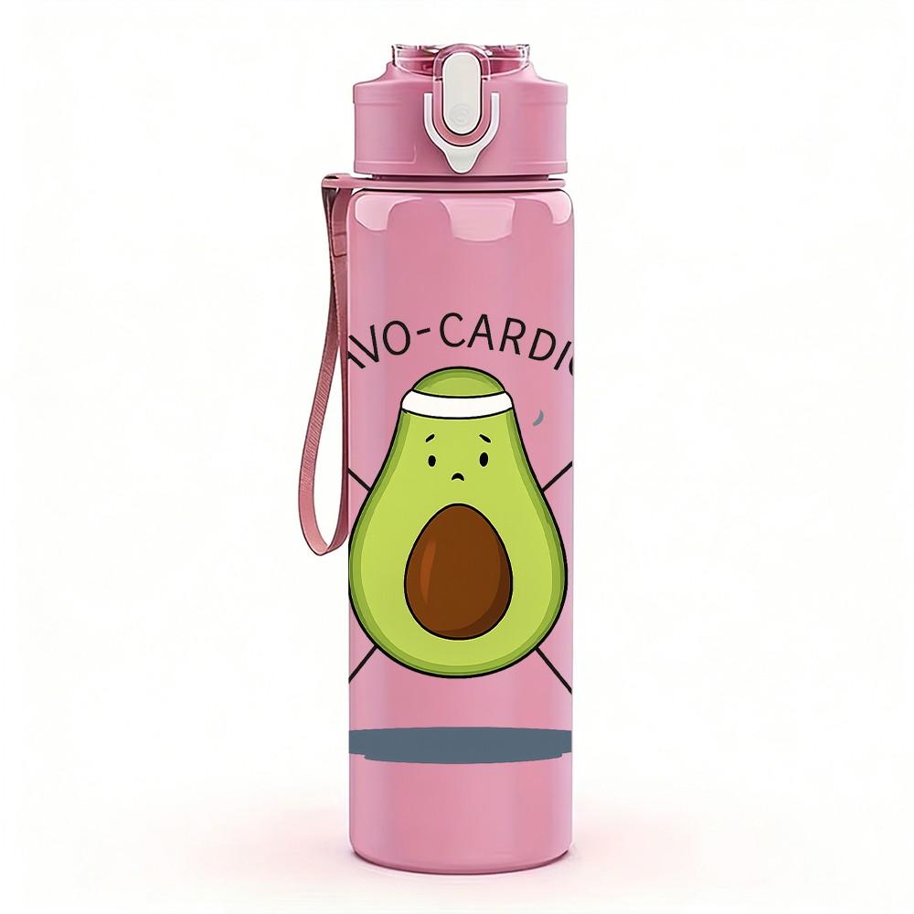 1PC Fitness Avocado Cartoon Print 750ml Color Plastic Sports Water Bottle Leakproof Flip Straw Lid Suitable for Sports Office Home Use