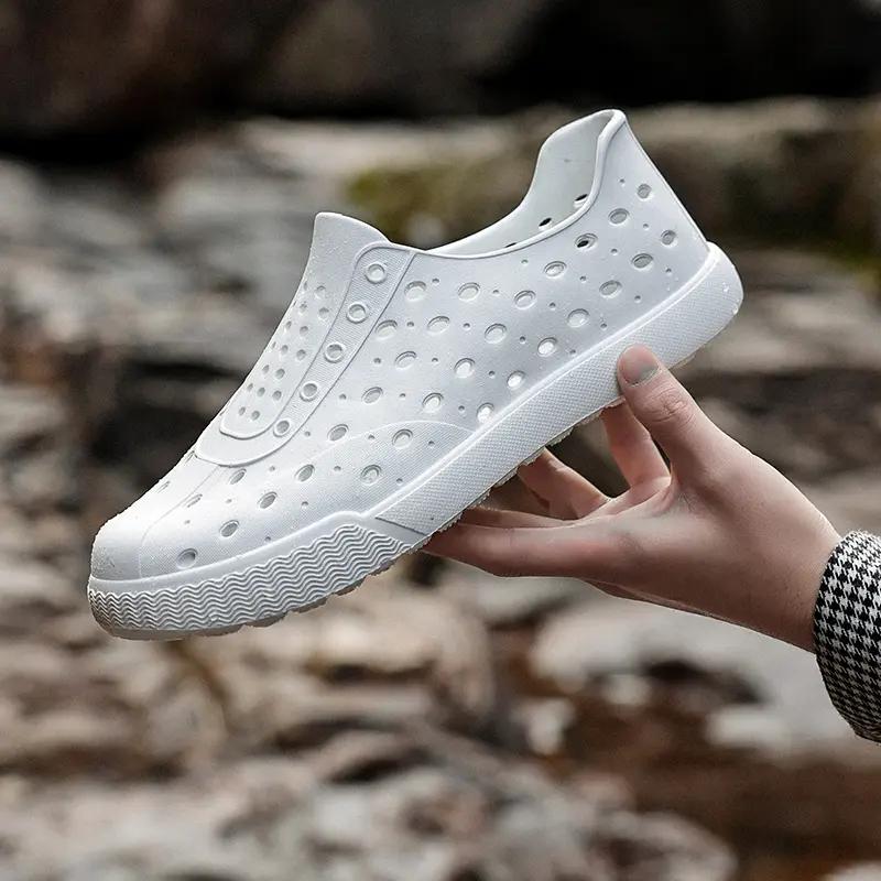 Matching Couple Perforated Sandals Waterproof & Breathable Slip-On Slides for Men and Women, Lightweight Flat Sole Outdoor Beach Shoes for Summer