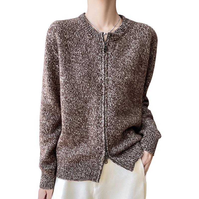 Women's Wool Cardigan with Zipper: Round Neck, Thick Marled Yarn, Autumn/Winter Style, Casual and Cozy Sweater.