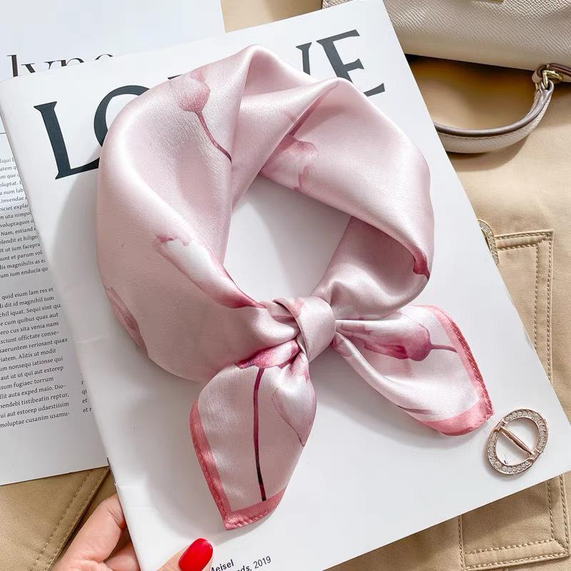 Dámský béžový hedvábný šátek - 53 cm Korejský styl Tištěný čtverec, 100% morušové hedvábí na jaro/léto