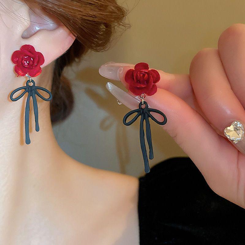 

Серьги с бантом из красного бархата и жемчугом Серебряная игла Анкола - Ретро Высококлассные Осенне-зимние Украшения