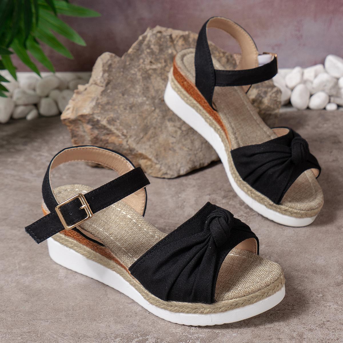 

2025 летние новые женские сандалии большого размера с бантом, одним словом, пряжкой на танкетке и толстой подошвой, повседневные женские сандалии большого размера 43 чёрный