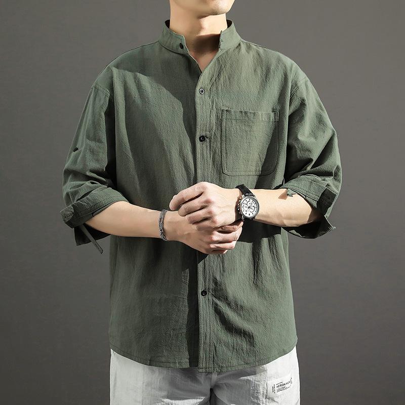 Summer Japanese Casual Loose Stand Collar Cotton and Linen Shirt Men's Linen Shirt Three-quarter Sleeve Men Shirts