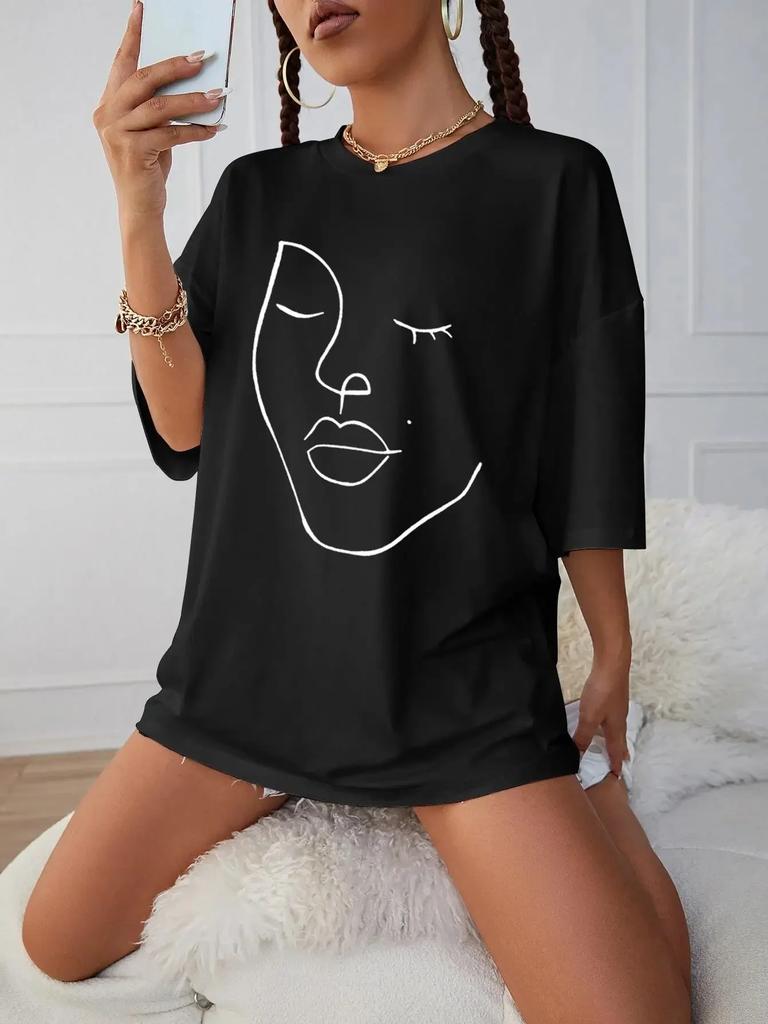 Simple Line Pattern Women's Face Printing Tees Cotton Women T-Shirts Casual Soft Short Sleeve Tops Loose Comfortable Clothes