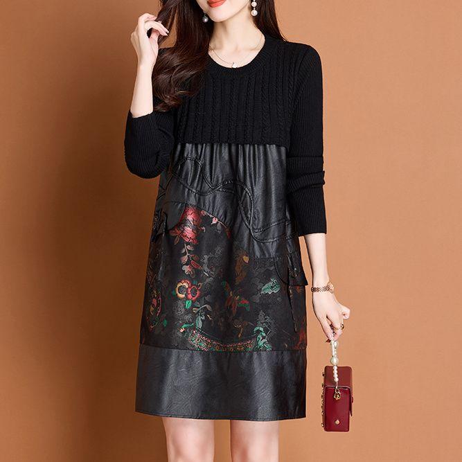 Autumn Winter Women's Sweater Dress Knitted Patchwork PU Leather A-Line Dress Plus Size Knitted Dress
